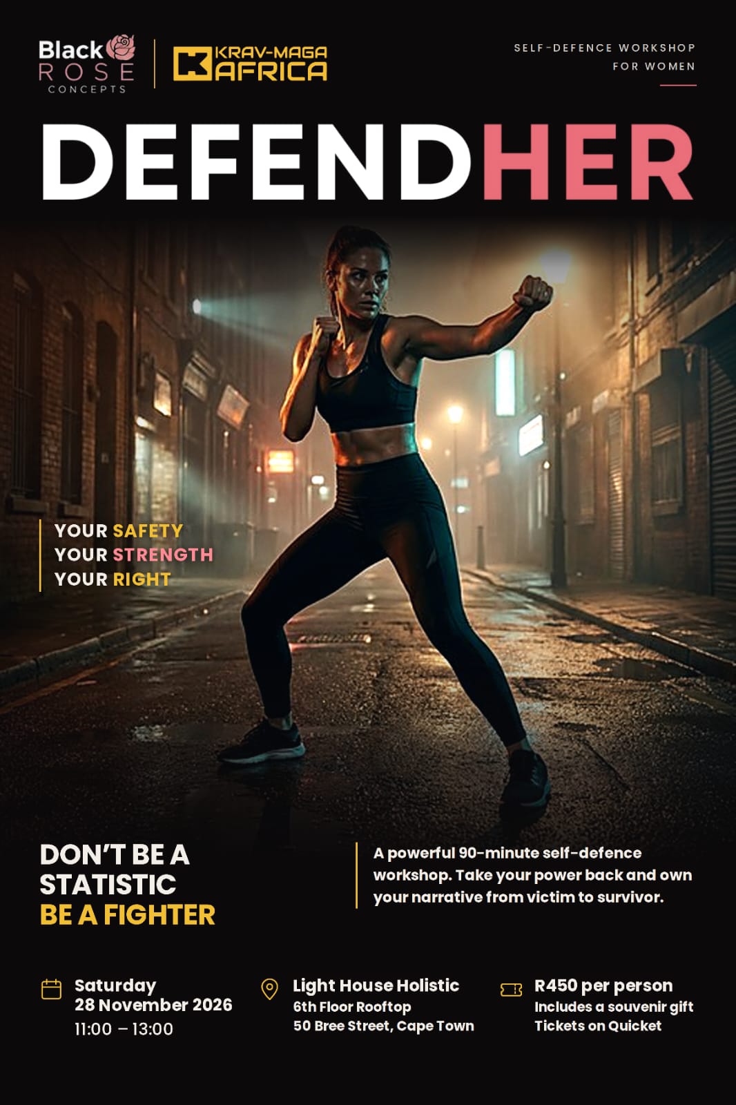 DefendHer self-defence workshop poster, Sat 28 Nov 2026, 11:00–13:00, Light House Holistic, 50 Bree Street, Cape Town